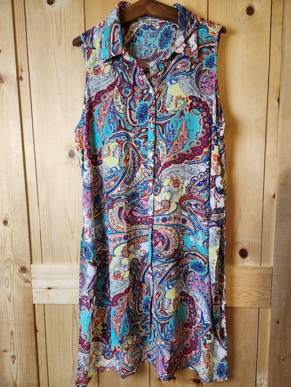 Spense Paisley Sheer Hi-Lo Sleeveless LongerCollar Button-Up Tunic Top